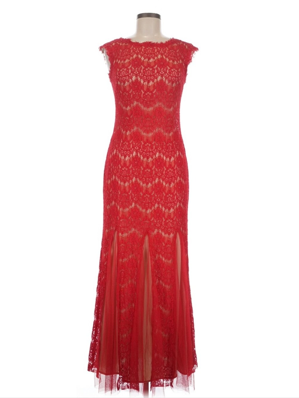 Betsy & Adam Red Lace Mermaid Gown Cap Sleeve Formal Evening Dress Sz 4 Romantic